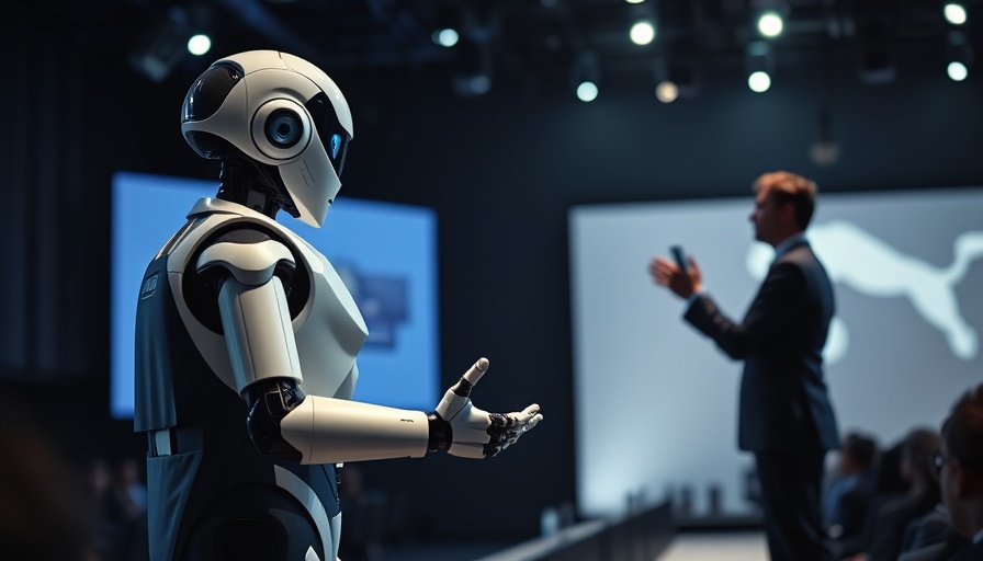 Presentation on self-building AI systems with humanoid robot and speaker.