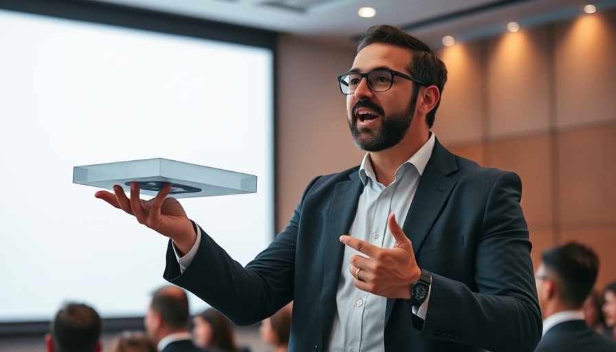 Future Tech Trends 2025 businessman presenting new gadget.