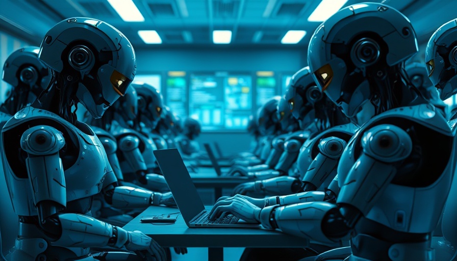 Worried man at laptop among humanoid robots; futuristic scene.