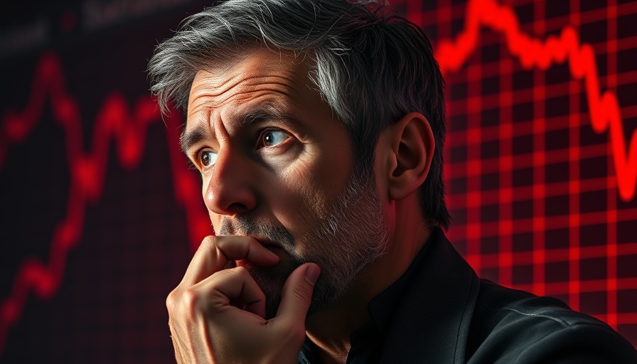 Man considering selling stocks with red market graph background.