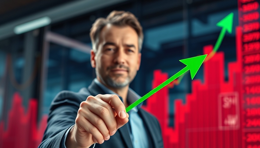 Confident man illustrating financial growth with stock market graph backdrop.