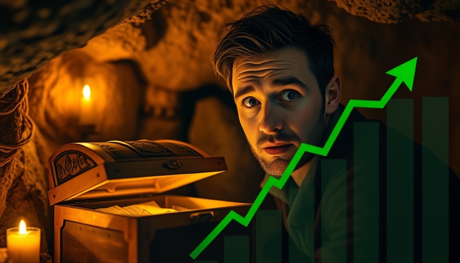 Man discovering glowing treasure in cave next to IGLD ETF growth graph.