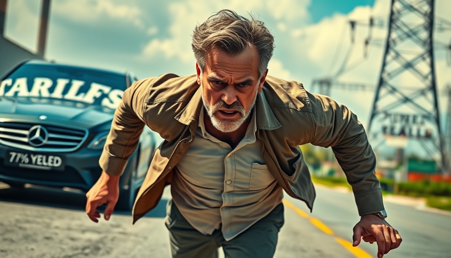 Dynamic scene of man running between tariffs and 7% yield signs.