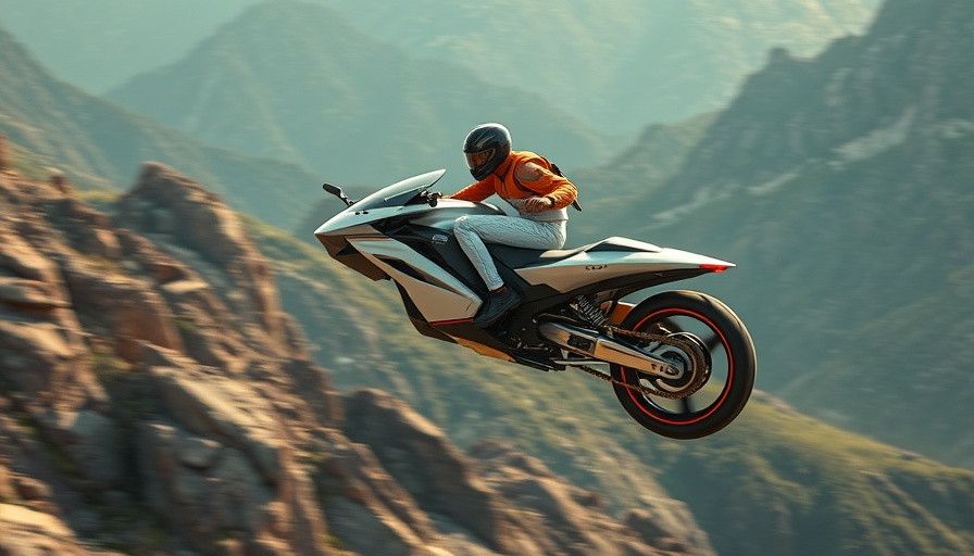 Volonaut Airbike racing through mountainous terrain, futuristic and dynamic.
