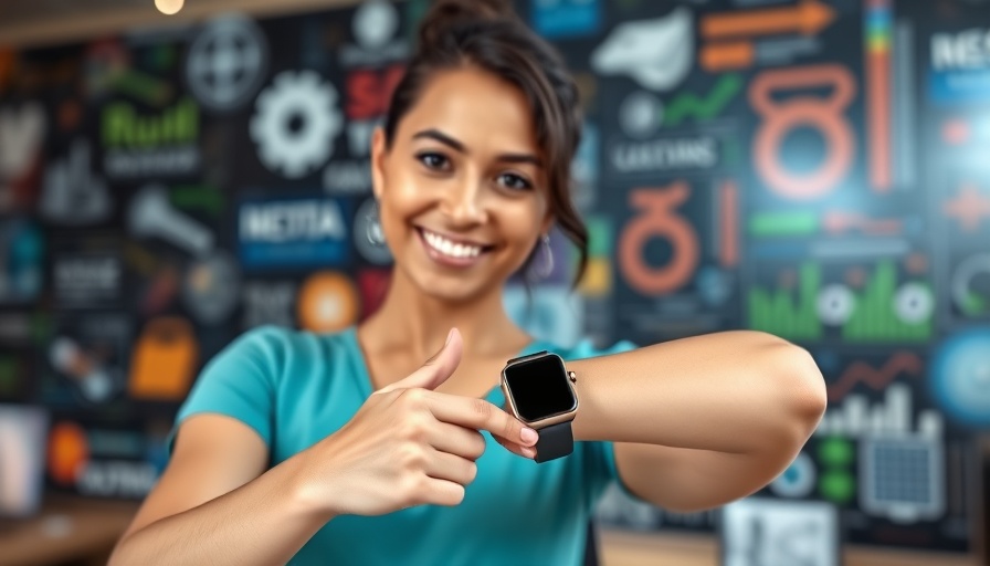Young woman showcasing WatchOS 12 features, pointing at smartwatch.