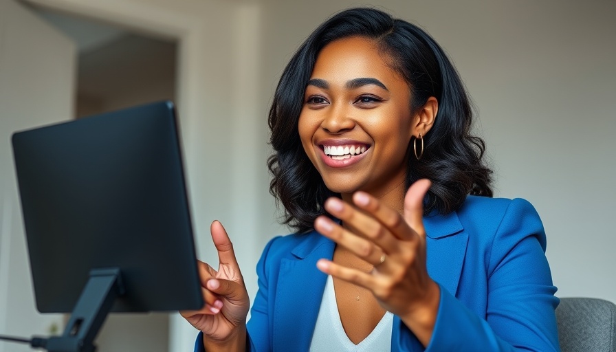 Woman in blue blazer on video call, highlighting 3D communication technology.