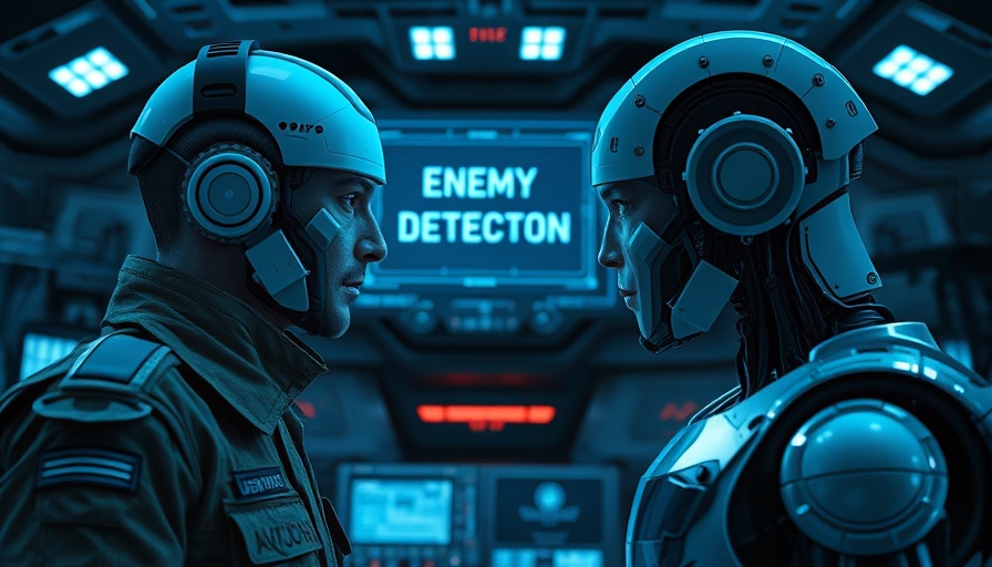 Military officer and AI robot in command center for military AI deployment.