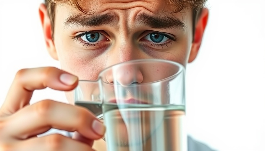 Young man drinking water with a pained expression, healthy food concept.
