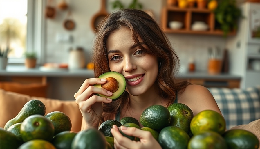 Young woman eating avocado in a playful setting, emphasizing healthy food facts.