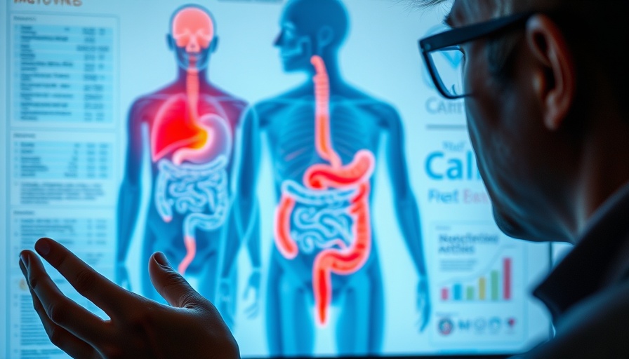 Illustration of IBS with intestines diagram and concerned person focused on nutrition.