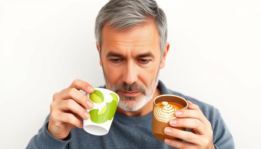 Infographic comparing matcha vs. coffee health benefits with man drinking