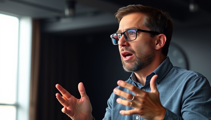 Man speaking passionately indoors, conveying ideas.