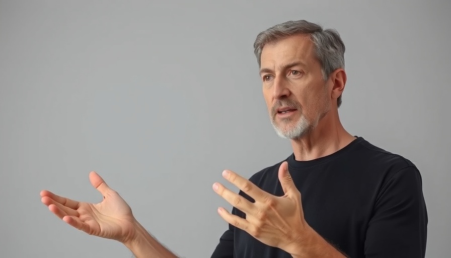 Man explaining with hand gestures in a plain background.