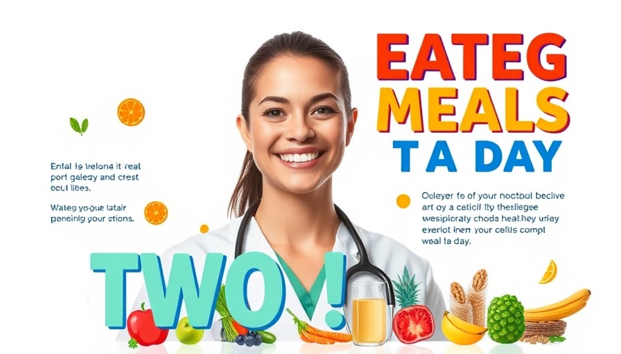 Colorful infographic on benefits of eating two meals a day with healthy foods.