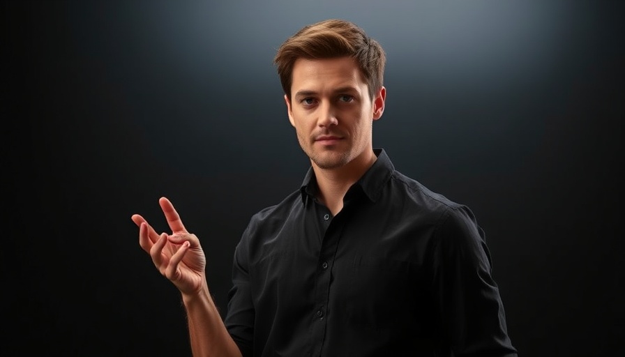 Confident individual presenting idea in dark background, AI Research Agents topic.