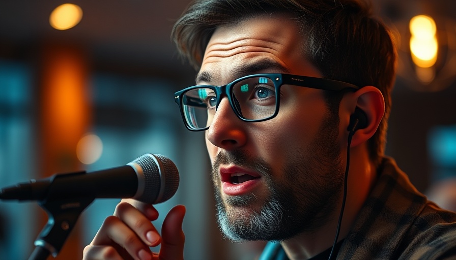 Thoughtful speaker using a microphone discussing AI features.