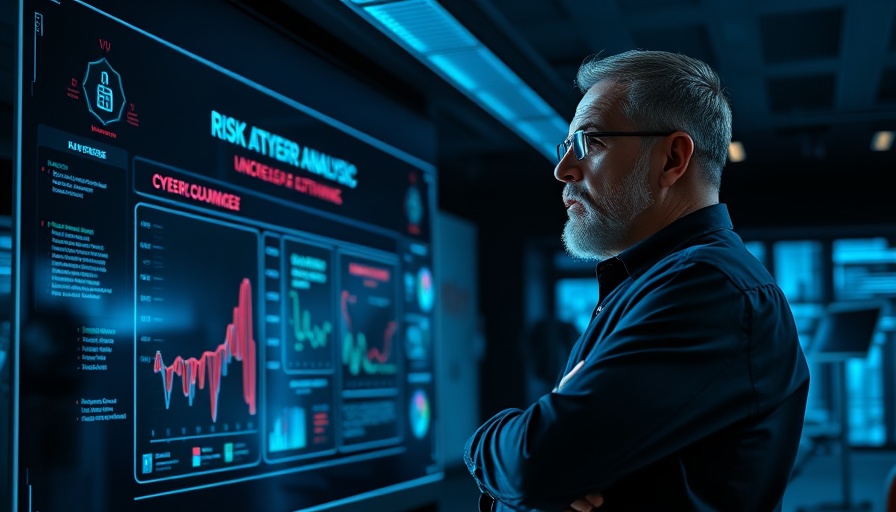 Man explaining cybersecurity risk analysis with digital board.