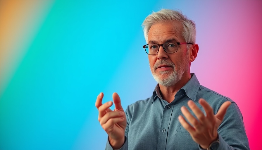 Middle-aged person discussing AI tools against a colorful background.