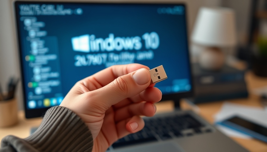 Windows 10 end of support alert displayed on a laptop screen with a USB stick.