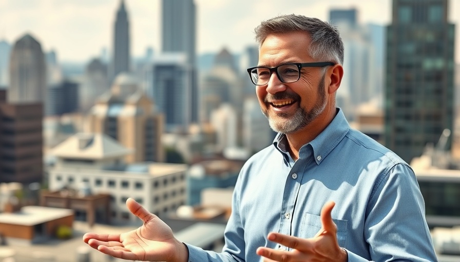 Human-centric workspaces presentation by a professional on a rooftop with cityscape.
