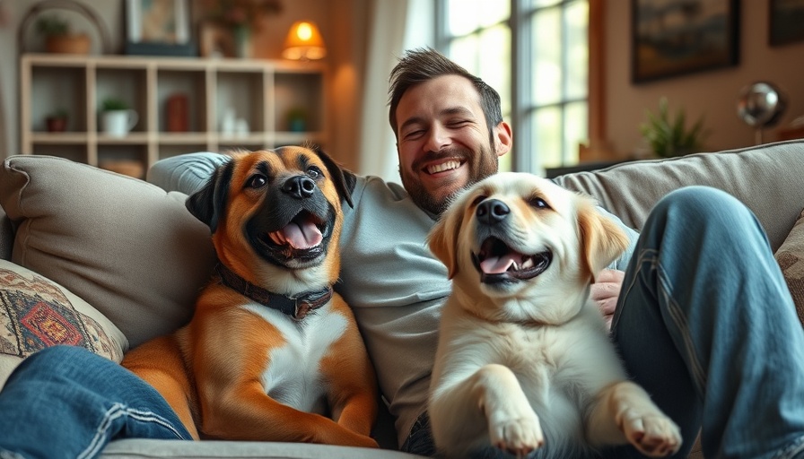 Man and dog sharing a joyful moment on the couch, pets in family.
