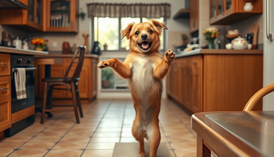 Amusing brown dog balancing in a family kitchen, pets in family