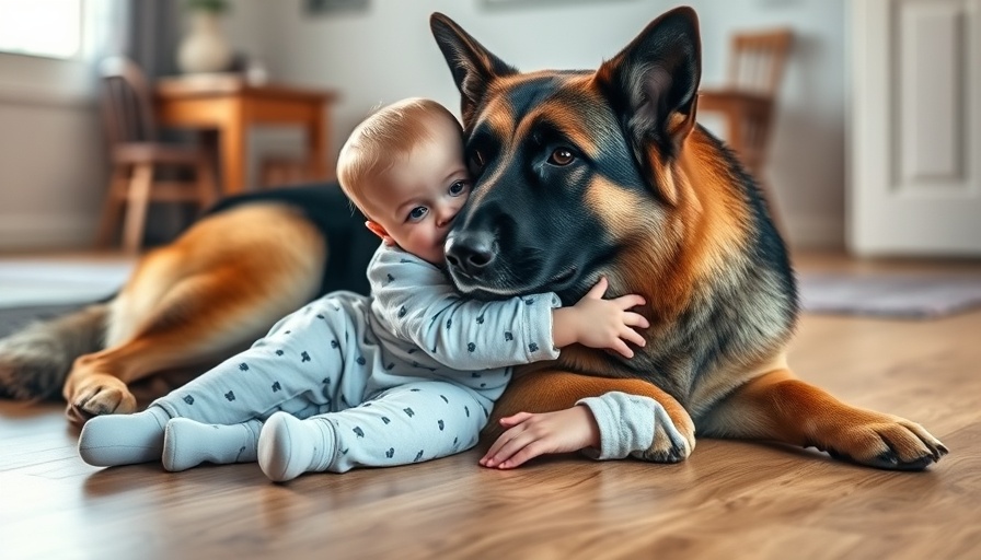 German Shepherds as Family Pets: Baby hugging dog indoors.