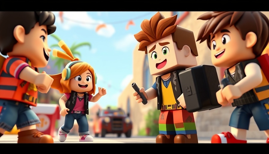 Blocky animated characters in a colorful 3D adventure cartoon outdoors.