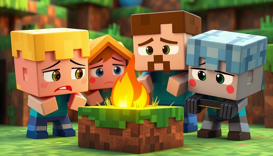Minecraft-style cartoon characters comically dealing with a tiny fire, pet comedy theme.