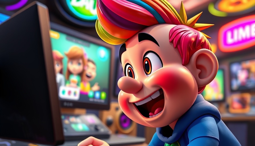 Pet comedy cartoon character watching funny video on screen.