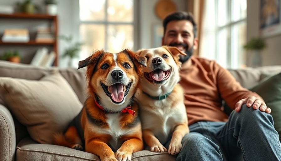 Cheerful dog and man on couch in a funny pet story.