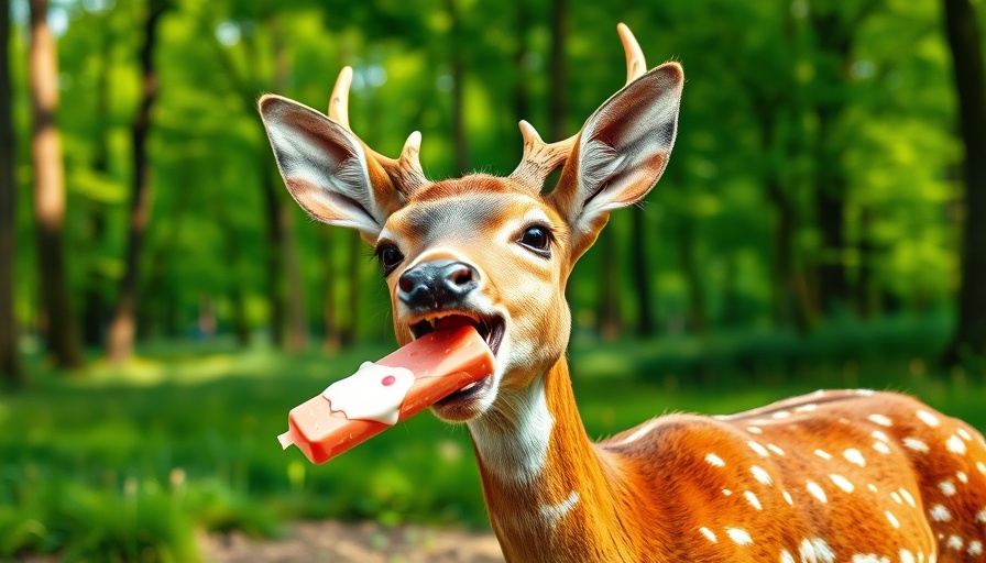 Funny pet stories: Deer enjoying an ice cream in lush forest.