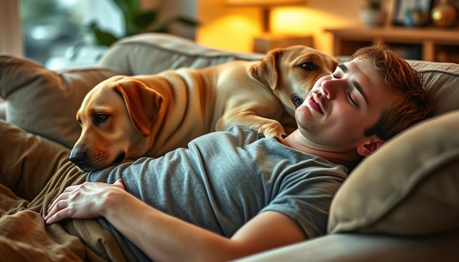 Young man and Labrador in hilarious dog moments on couch.