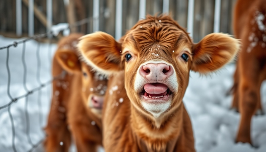 Funniest animal antics: playful calf sticking out its tongue in snow.