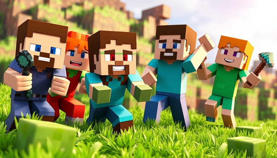 Colorful Minecraft characters in a playful, funny scene.