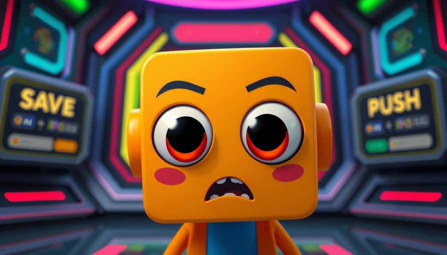 Colorful block character in digital scene with 'SAVE' and 'PUSH' buttons, pet comedy.