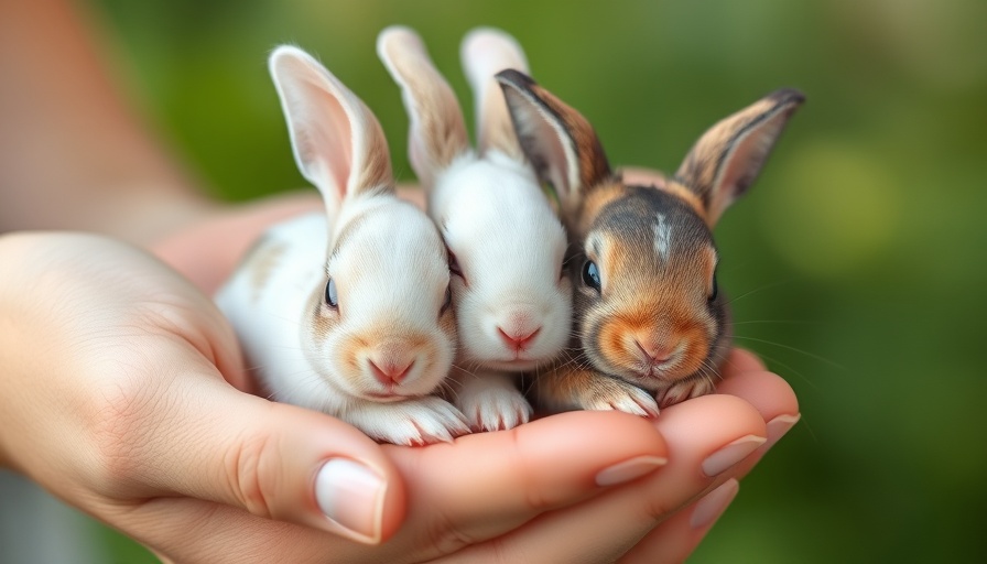 Cute baby animals, tiny rabbits resting in hands.