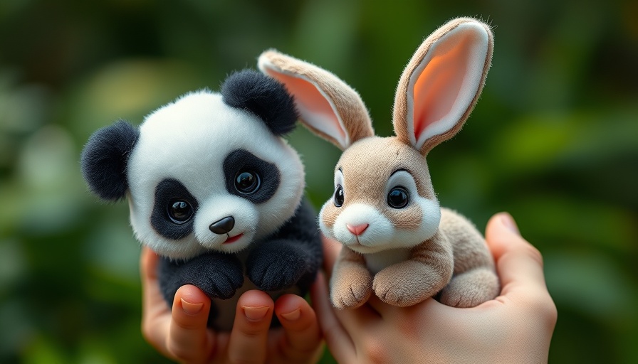 Adorable baby panda and bunny sitting cutely in hands, photorealistic.