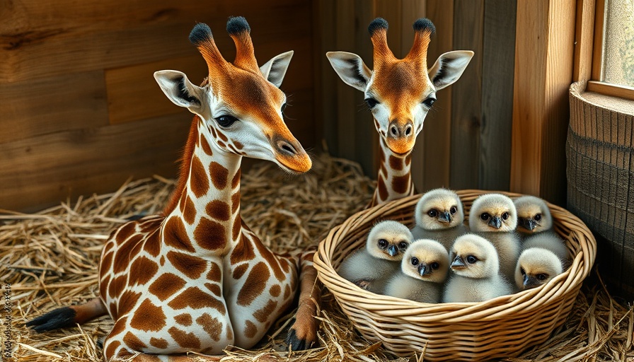 Adorable baby giraffe and owl chicks in a basket, perfect for funny animal videos for kids.