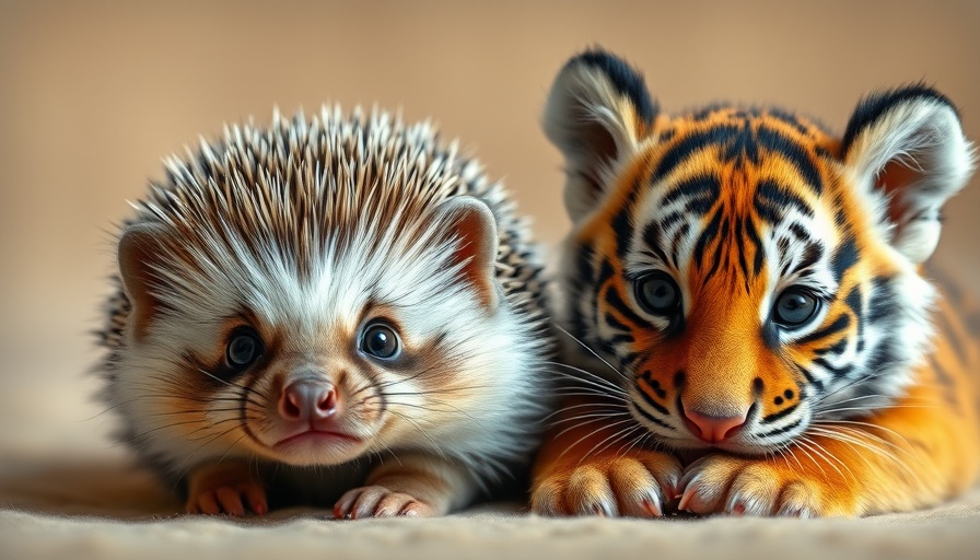 Adorable hedgehog and playful tiger cub, perfect for funny animal videos for kids.