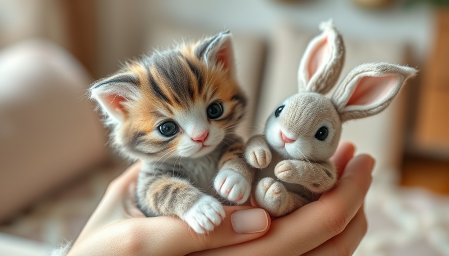 Cute felt kitten and bunnies held gently, perfect for funny animal videos for kids.