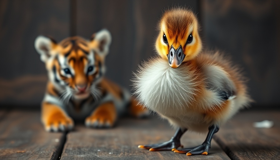 Adorable duckling and tiger cub on wooden planks, funny animal videos for kids.