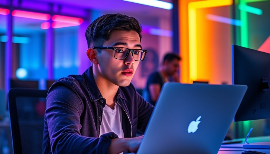 Man surprised with Google logo laptop in colorful office.