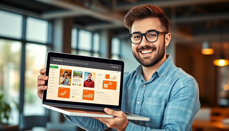Man displaying marketing software on laptop for best done-for-you marketing services for small business.