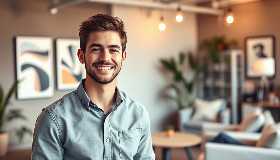 Smiling man showcasing business growth in a modern office, best done-for-you marketing services for small business.
