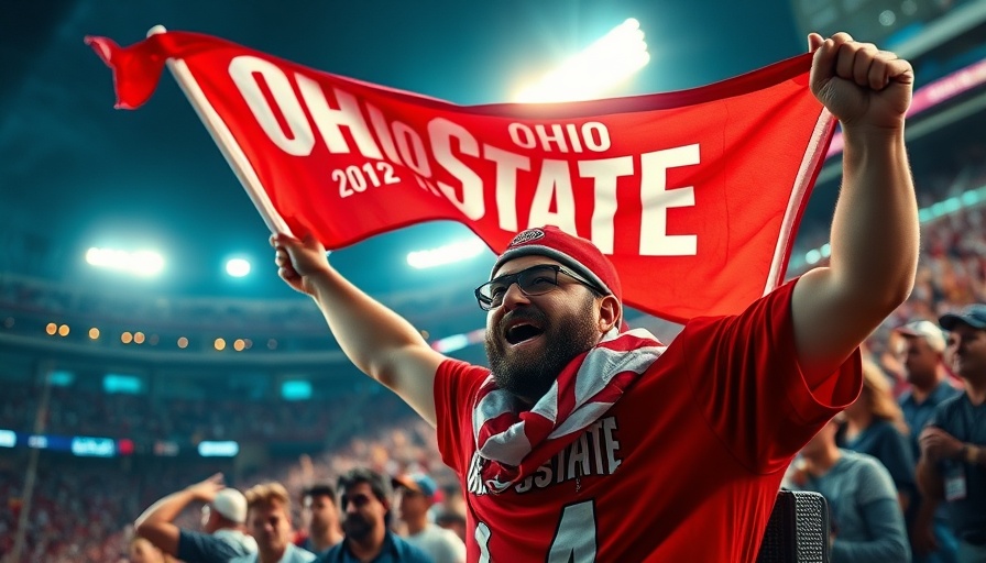 Ohio State Buckeyes Football Countdown with fan waving a flag at night.