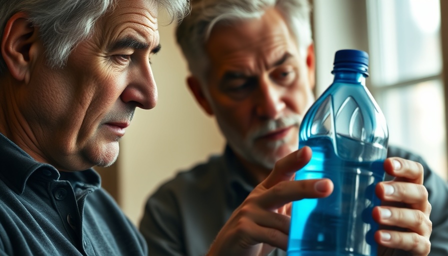 Person examining a water bottle indoors, considering microplastics.