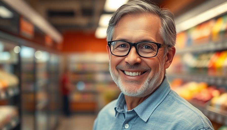 Middle-aged man smiling in a grocery store setting.
