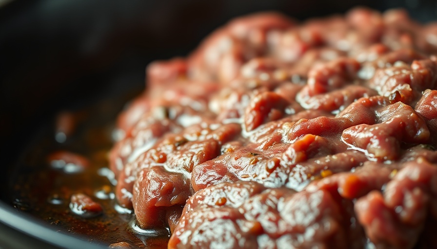Sizzling ground beef cooking on skillet, healthy dining Ohio menu.