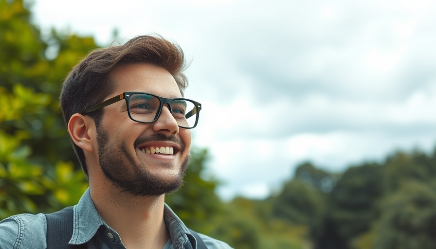 Man enjoying outdoor setting with bright glasses, soft lighting.
